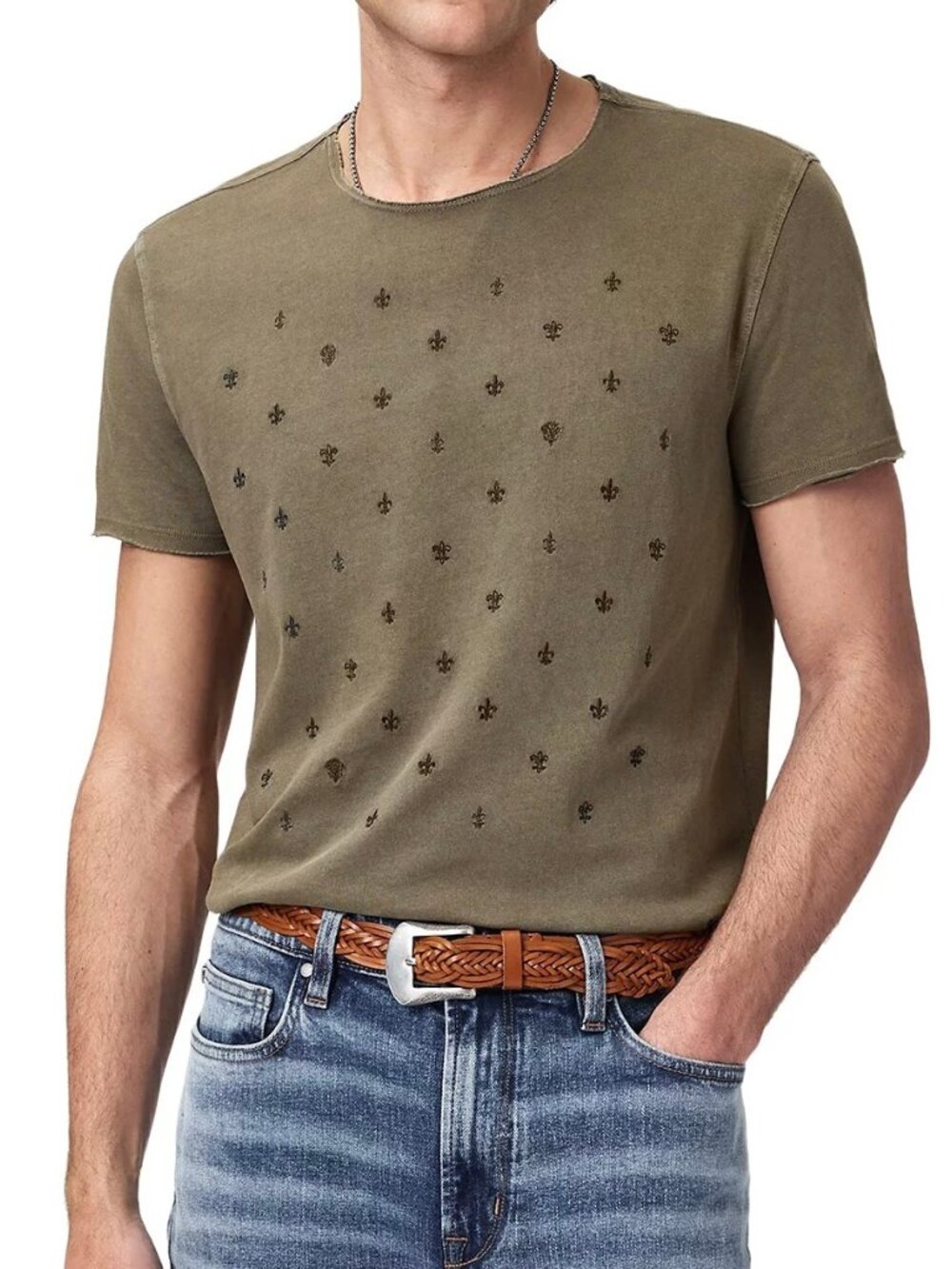 John Varvatos Mens Size L Eucalyptus Fleur-de-lis Embroidered T-Shirt NWT $148